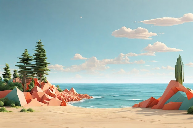 Foto scena di paesaggio estivo astratto con forma geometrica vista sulla spiaggia dell'oceano rendering 3d
