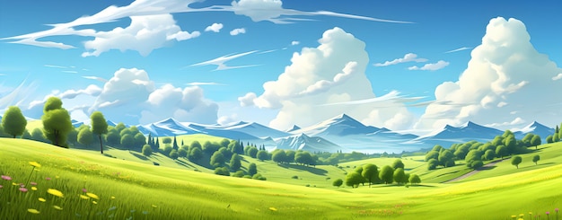 Абстрактный летний луговой пейзаж с солнечным голубым небом и полями зеленой травы Мирный фон Генеративный AI