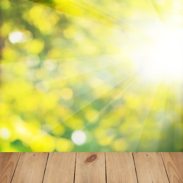 Abstract Summer Soft Focus Bokeh and Beige Empty Wooden Board Background with Copy space