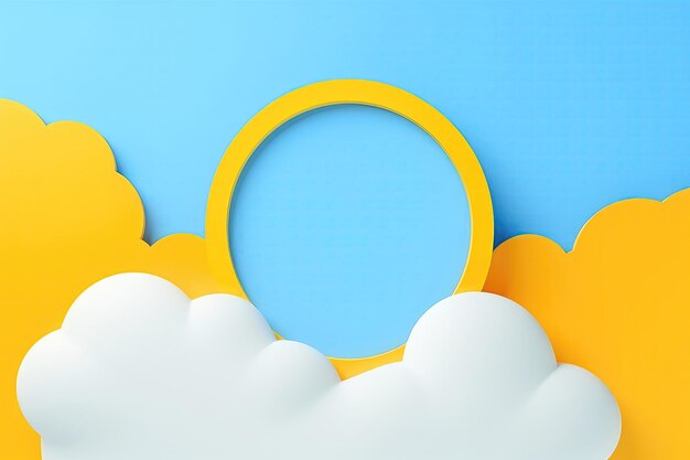 抽象的な日当たりの良い黄色の背景に白い雲、青い丸穴のモックアップ
