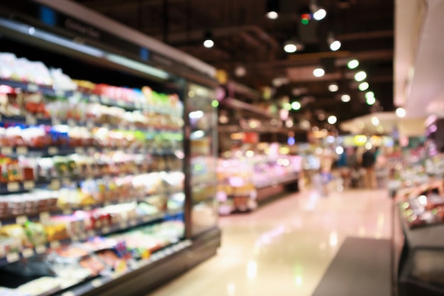 Abstract supermarket grocery store blurred defocused background with bokeh light