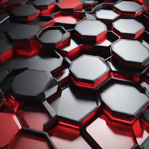 Abstract surface of black and red hexagons randomly illuminated with different heights
