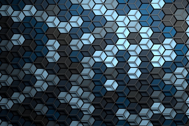 Abstract surface with randomized color hexagons and layered wireframe mesh on top