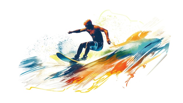 Abstract surfer on a wave with vibrant color splashes