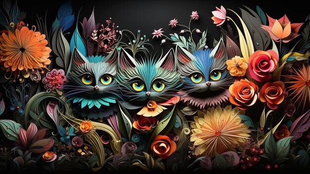 Фото Абстрактные сюрреалистические кошки на цветном фоне