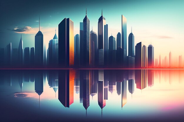 Abstract surreal city landscape skyline artwork Reflection of skyscrapers in water illustration