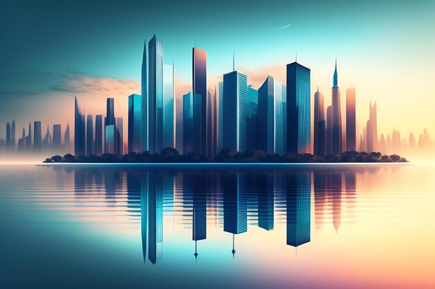 Abstract surreal city landscape skyline artwork Reflection of skyscrapers in water illustration