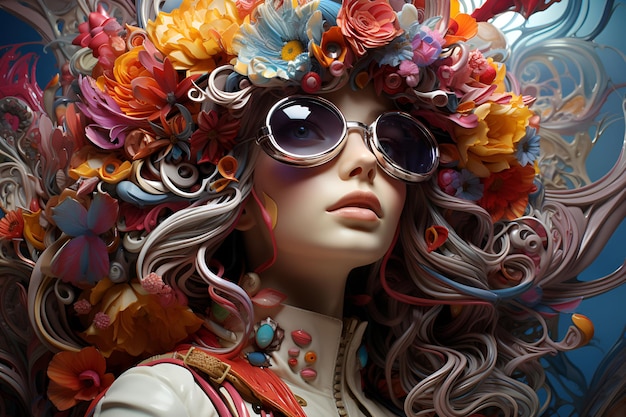 Abstract surreal closeup portrait of a woman with a fabulous head of hair made from flowers