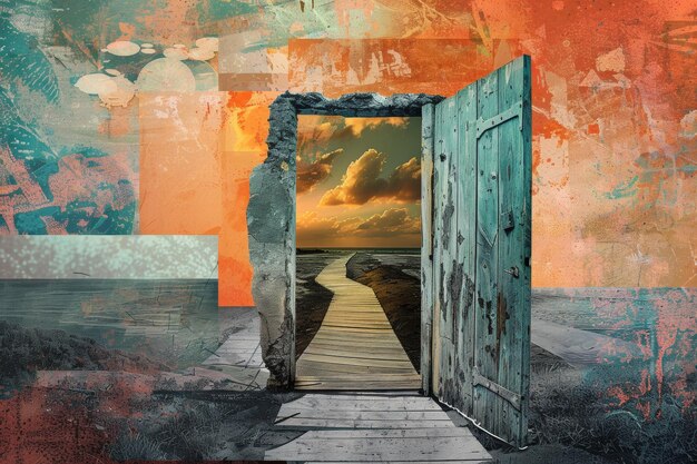 Foto abstract surreal fantasy collage van een verweerde deur die zich opent naar een boulevard bij zonsondergang