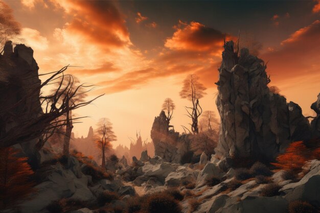 Abstract and surreal landscape with towering rocks trees and sunsets created with generative ai