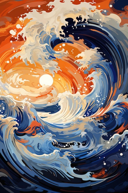 Абстрактная вращающаяся океанская волна и иллюстрация солнца