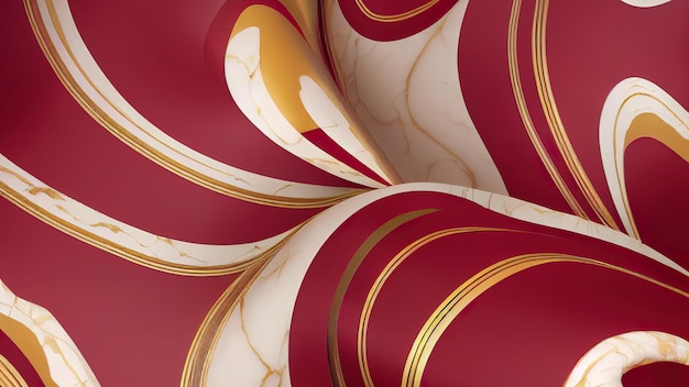 Photo abstract swirling red and white marble stone wallpaper with running golden details