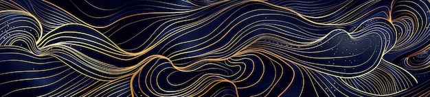 Photo abstract swirls background with dark blue and golden line art pattern