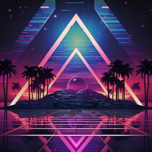 Abstract synth wave background with pyramids