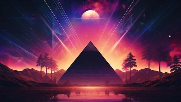 Abstract synth wave background with pyramids