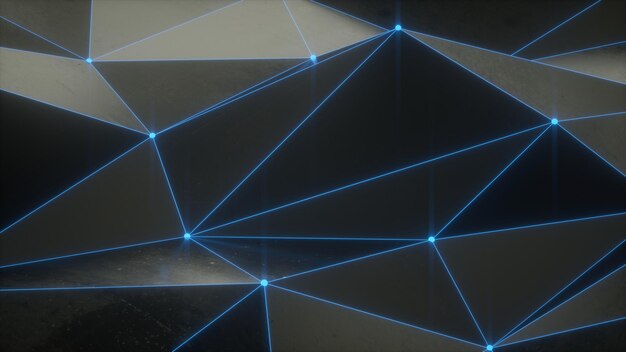 Abstract tech background with polygons and blue glow connected by dots 3D rendering