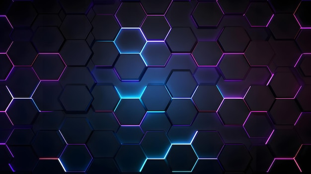 Photo abstract tech background with wall of hexagons or honeycombs with neon light behind them