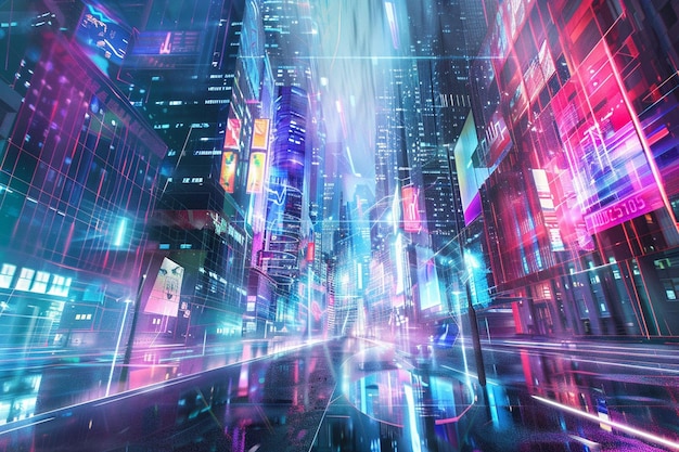 An abstract tech cityscape with holographic advert generative ai