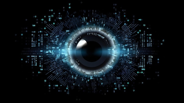Foto concetto di occhio tecnologico astratto circondato da codice binario e altre caratteristiche tecnologiche