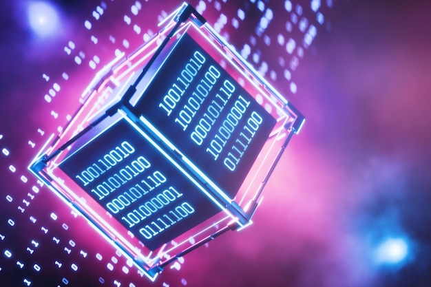 Abstract technische achtergrond Computercode Binary code Cube met binary code Hacker aanval Data block Blockchain Kunstmatige intelligentie Big data Digitale AI 3D rendering technologieën