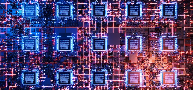 Abstract technische achtergrond H Binary code Big data Data block Cube met binary code Hacker aanval Computer code Kunstmatige intelligentie Blockchain Digitale technologieën AI 3D rendering