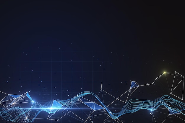 Abstract technological backdrop with glowing waves and geometrical figures and empty space for your logo on dark background Mockup
