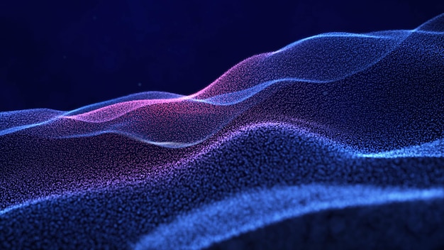 写真 抽象的な技術の背景。青と紫のデジタル粒子の波と光。