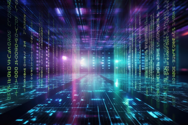 abstract technology background with binary code and glowing lines 3d rendering digital binary code and ai algorithms running in the background modern server way ai generated