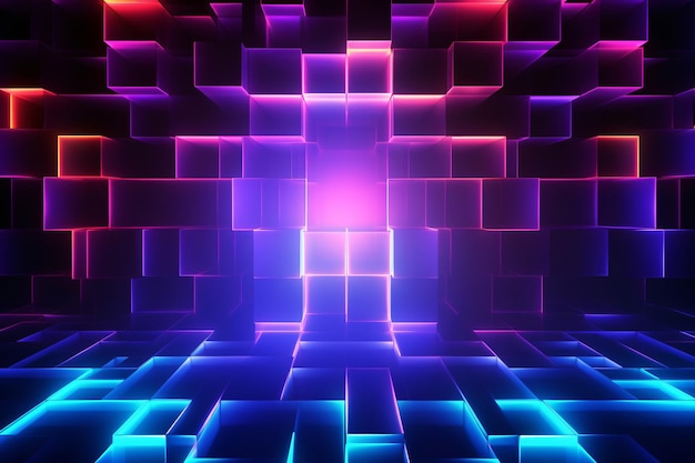 Abstract technology background with glowing neon squares in pink and blue colors Generative ai