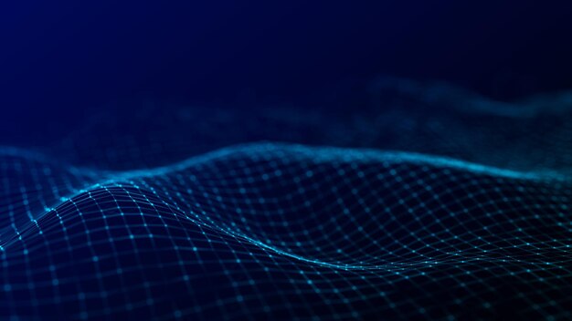 Абстрактная технология волны частиц Визуализация больших данных Темный фон с точками и линиями движения Искусственный интеллект 3d рендеринг
