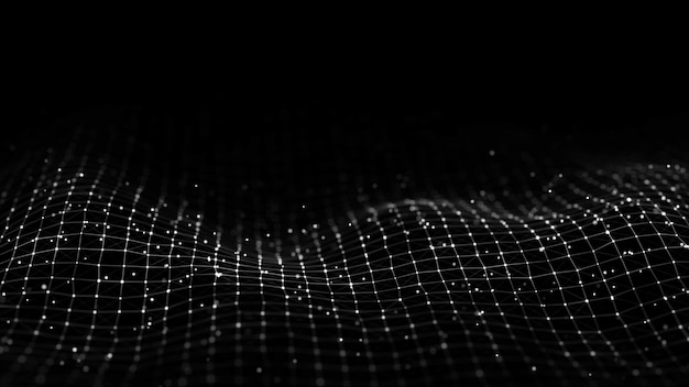 Abstract technology wave of particles Big data visualization Dark background with motion dots and lines Artificial intelligence 3d rendering