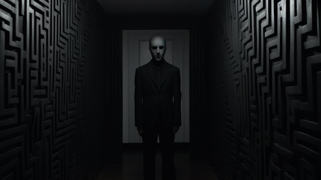 Abstract And Terrifying Men In Black In Dark Hallway