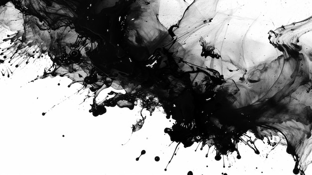 Abstract texture of black ink watercolor flow blot with drops and splashes creating a color stain o