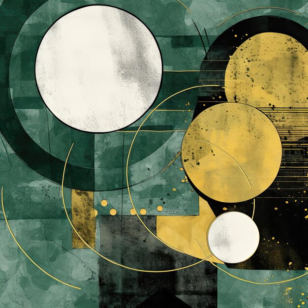 Abstract textured grunge green and gold background with geometric elements and circles Generative ai