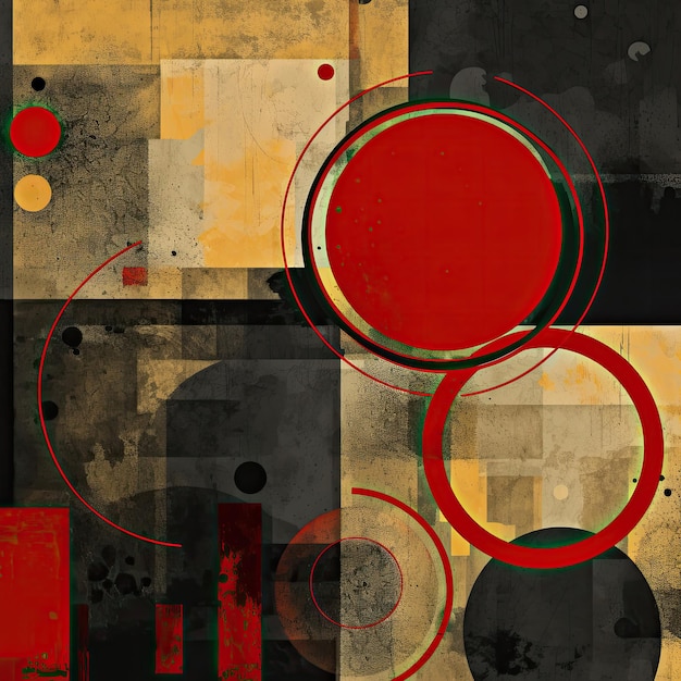 Abstract textured grunge red and gold background with geometric elements and circles Generative ai