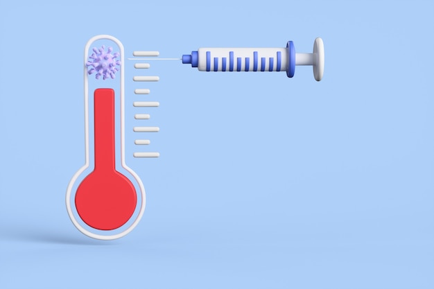 사진 파란색 배경에 코로나바이러스와 주사기가 있는 추상 온도계. 코로나바이러스 백신 접종 개념. 3d 렌더링 그림입니다.