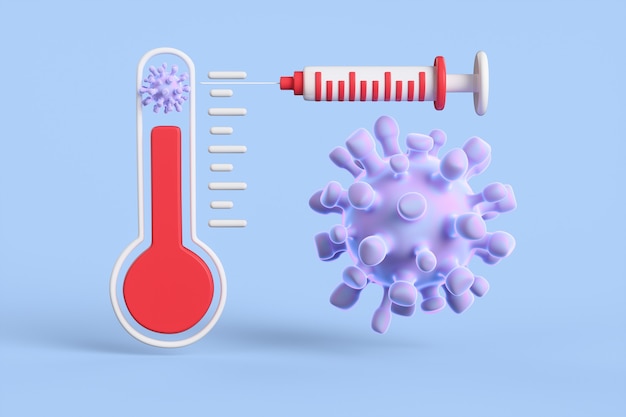 青い背景にコロナウイルスと注射器を備えた抽象的な温度計。コロナウイルスワクチン接種の概念。 3Dレンダリングのイラスト。