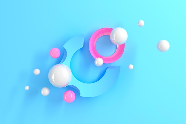 Abstract three-dimensional table of many circles with round cutouts with a stylized display of the planet and satellites on blue table. 3D illustration