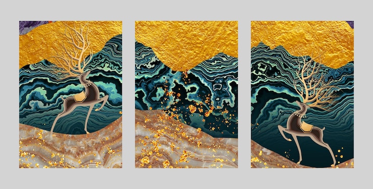 Photo abstract, three figure, porch, golden background. the fashion of modern art wall