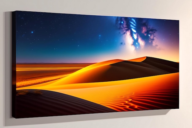 Abstract time lapse night sky with shooting stars over desert dune landscape
