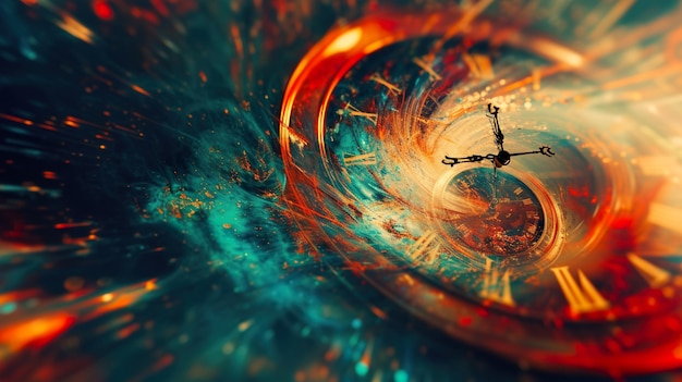 Abstract time portal with swirling vortexes and glowing clocks