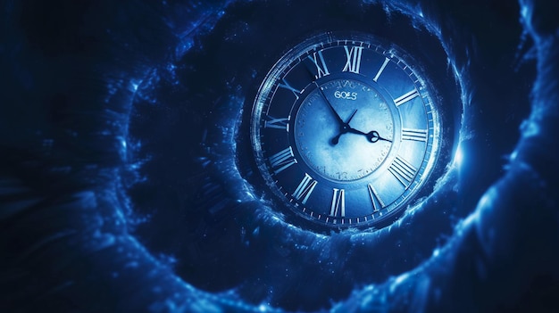 Abstract time portal with swirling vortexes and glowing clocks