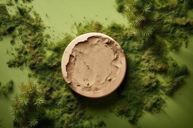 Abstract top view stage for showcasing organic cosmetics featuring moss decorated tree bark on a bei