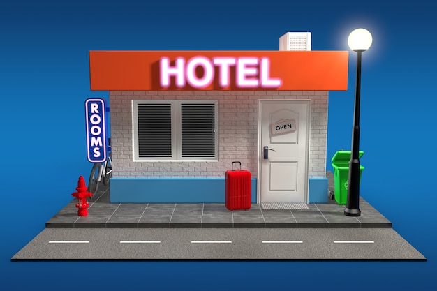 abstract toy cartoon hotel building on a blue background. 3d rendering