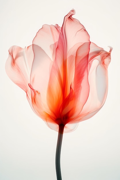 Abstract transparent diaphanous ethereal one tulip on white background generative AI