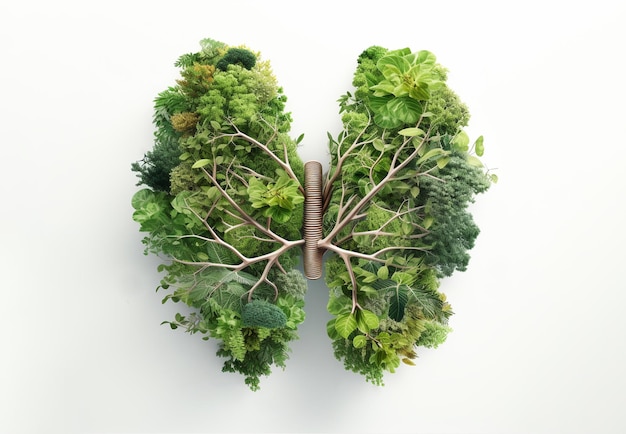 白い背景に肺の抽象的な木の森のシルエット空気浄化生態学的概念