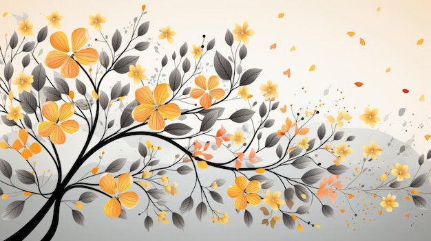 an abstract tree with yellow flowers and leaves on a gray background