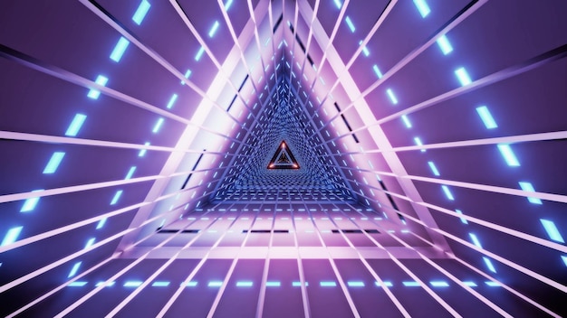 Abstract triangle tunnel with lines illuminated with bright violet neon lamps