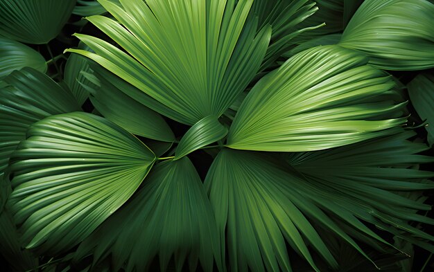 Abstract tropical green palm leaves pattern lush foliage of fan palm fronds layer
