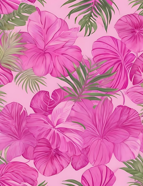 Abstract tropical pink background with bright plants and leaves generative AI